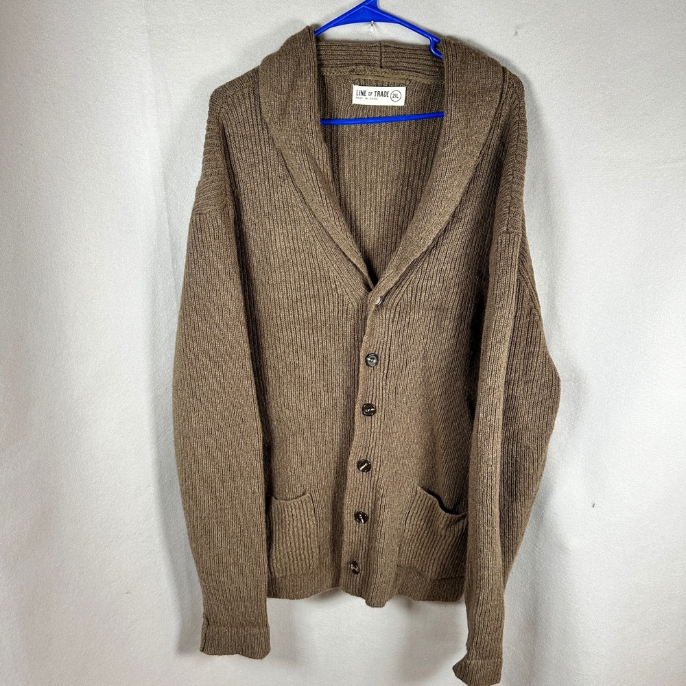 Line of Trade Cardigan Mens 2XL Brown Shawl Collar Wool Shetland EUC Vintage